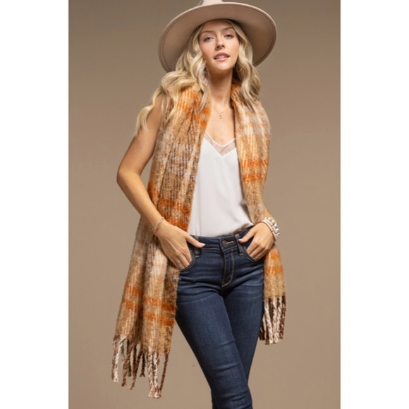 Toffee Plaid Soft Plush Oblong Scarf w/ Tassel Fringe Women's Casual - Picture 4 of 7
